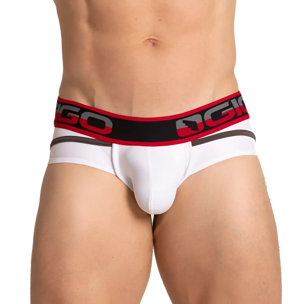 White men’s briefs with a red and black ogio elastic waistband from the gigo style white brief collection