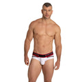 White briefs with a red and black ogio elastic waistband from the gigo style white brief collection