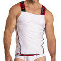 Gigo style white men’s tank top with red and black trim along straps sides and waistband in a breathable fabric