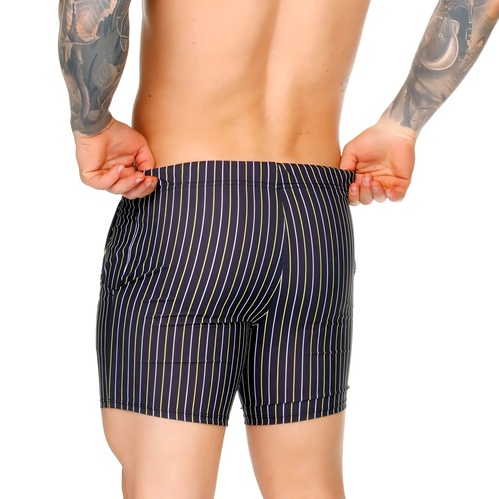 Navy blue gigo sultan black beachwear swim trunks with thin yellow and white vertical stripes for beach use