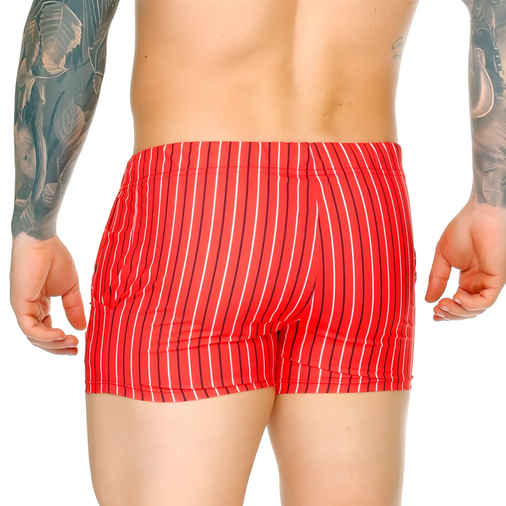 Red striped swim trunks with black and white vertical pinstripes from gigo sultan red beachwear collection