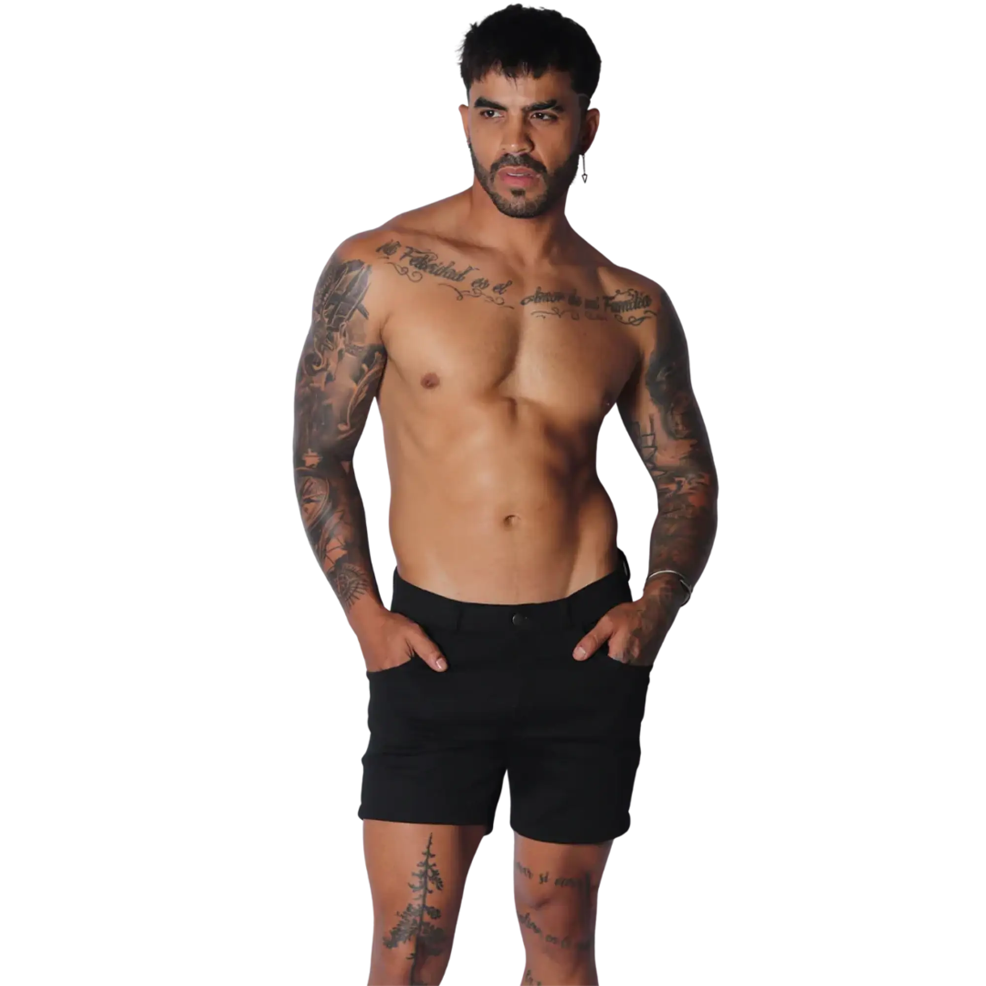 Form-fitting black short-length casual shorts with a flat front, button closure, and side pockets.