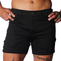 Slim-fit black shorts in a smooth, durable fabric with belt loops, a single button closure, and front pockets.
