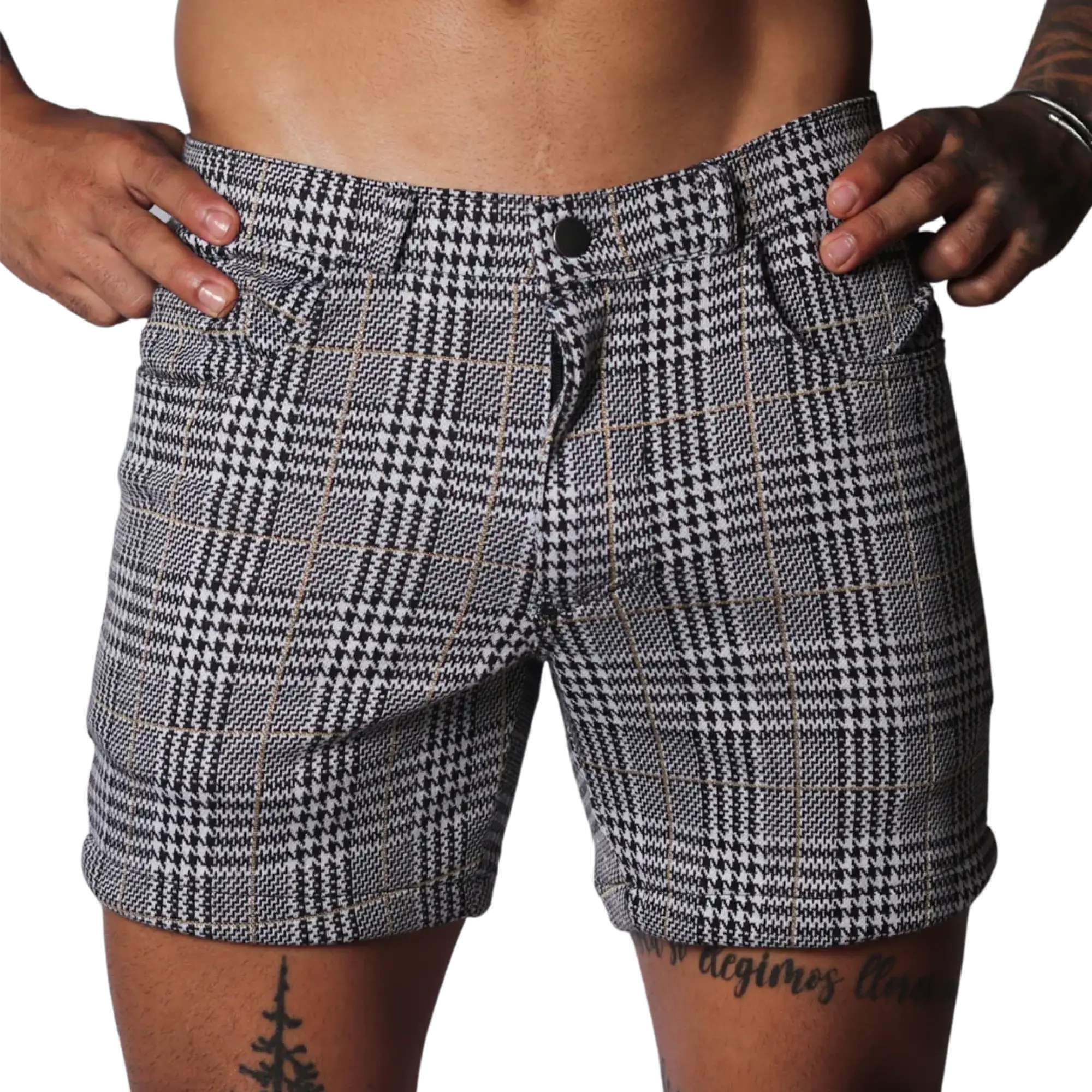 Black and white houndstooth print shorts with a subtle gold windowpane check, featuring a classic five-pocket design.