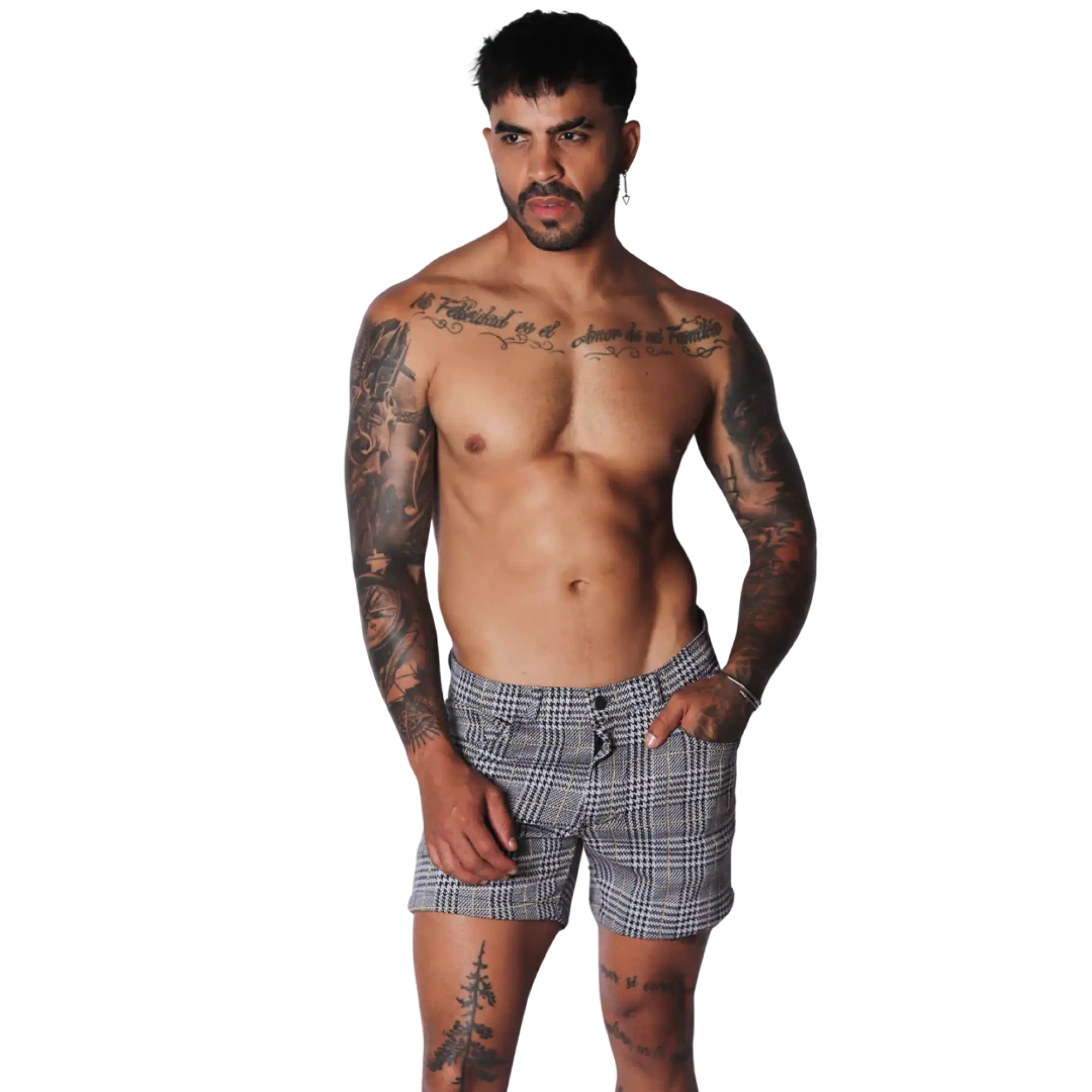 Men’s Gigo Sunday Gold short in a black and white glen plaid pattern with a tailored, slim-fit silhouette.