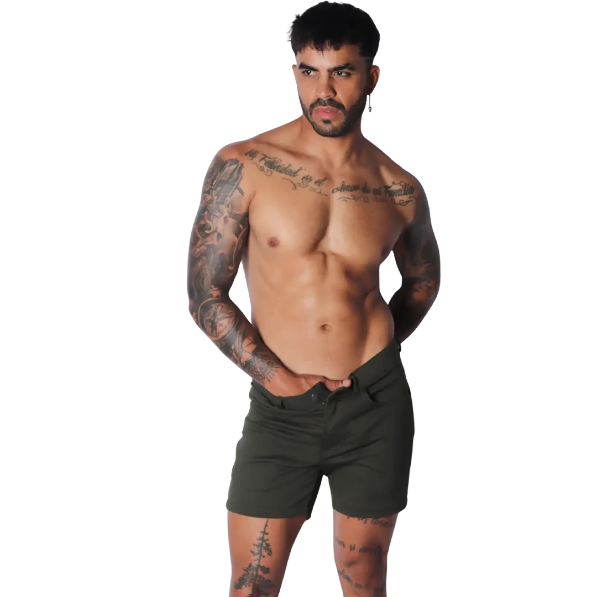 Slim-fit forest green cotton shorts featuring a mid-thigh length, button fly, and classic five-pocket design.