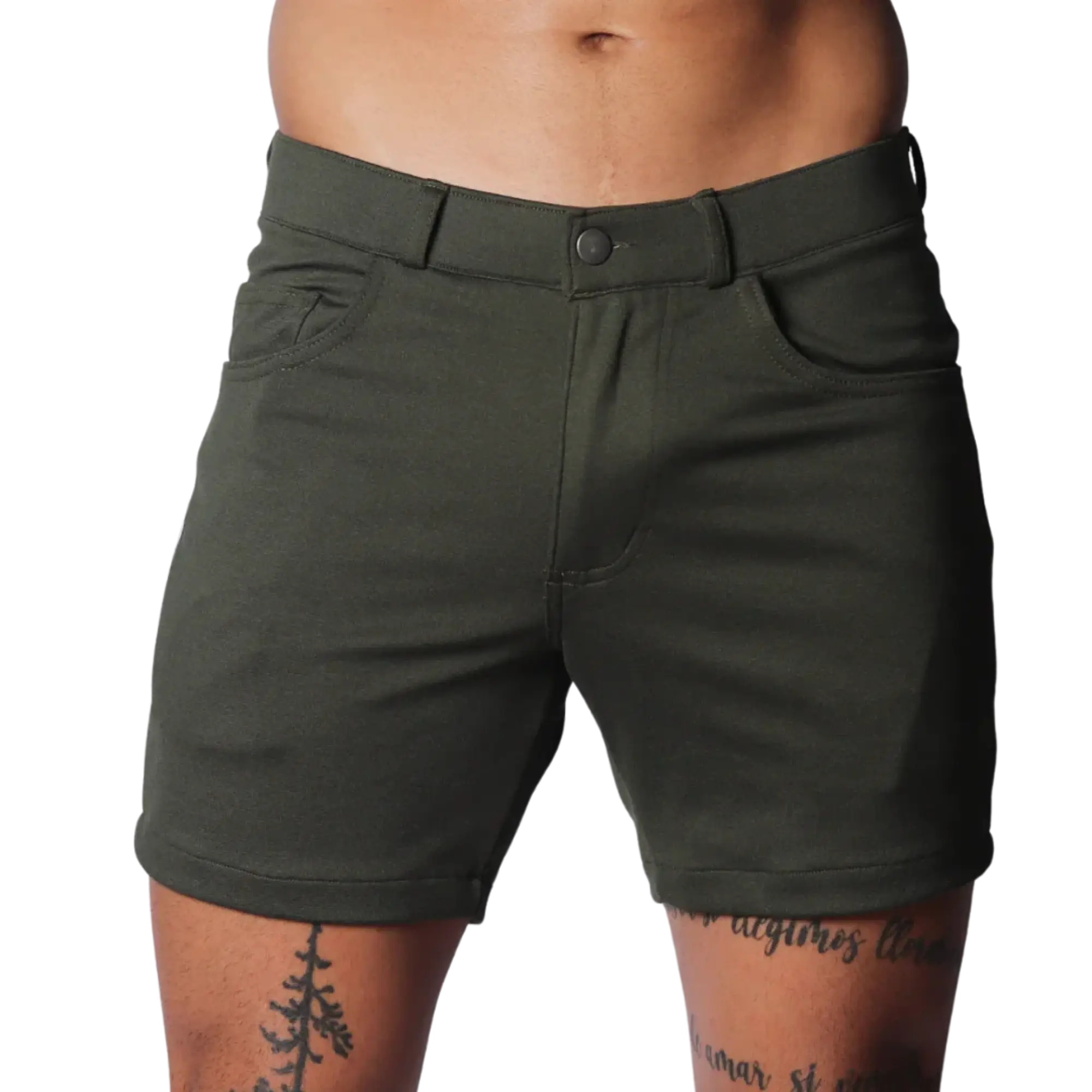 Dark olive green fitted shorts with belt loops, front pockets, and a button fly closure.