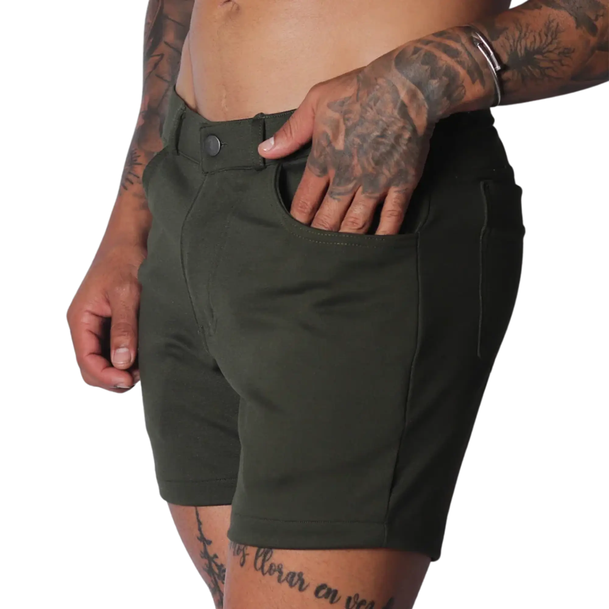 Forest green, slim-fit shorts in a matte stretch fabric with a button closure and classic five-pocket construction.