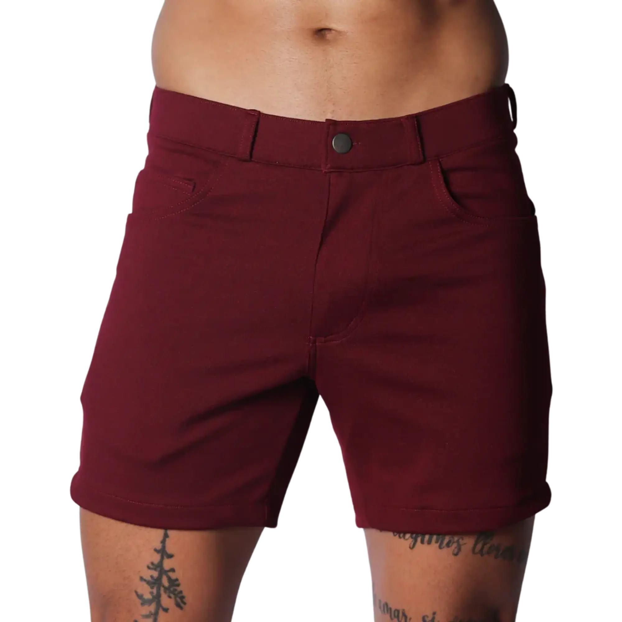 Wine-colored tailored shorts with a structured waistband, button closure, and classic five-pocket design.