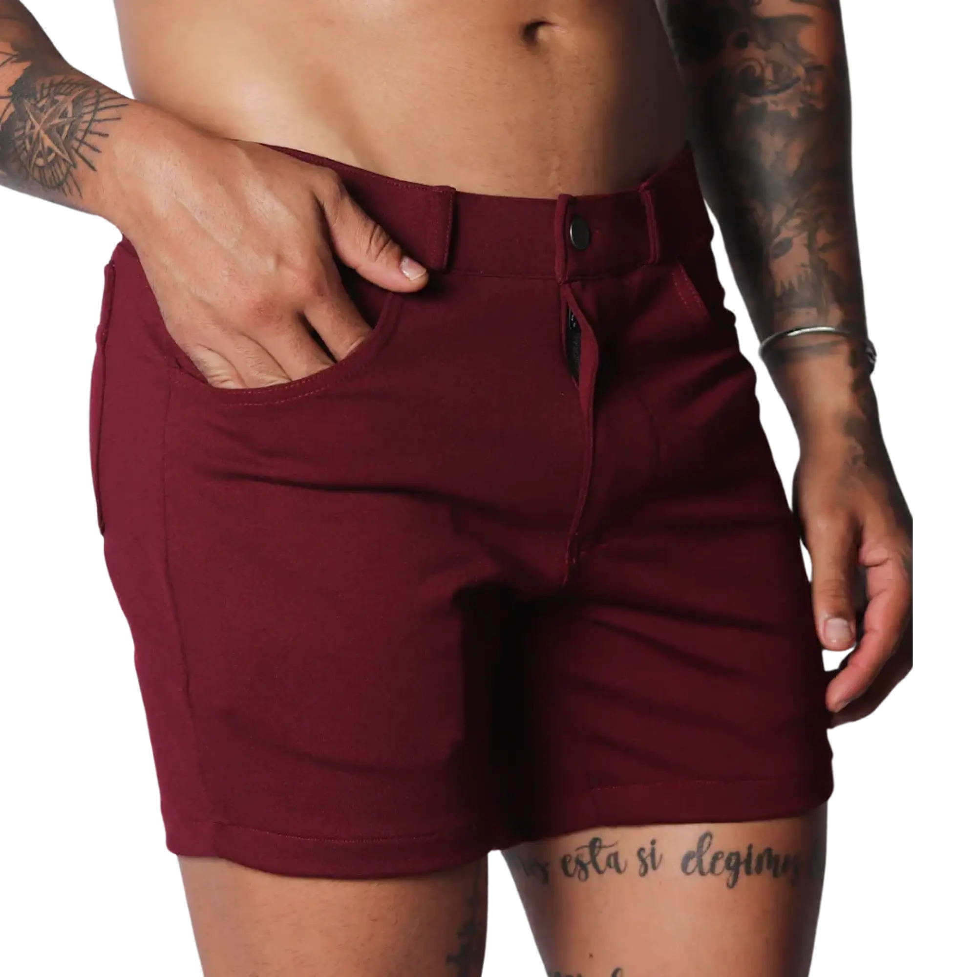 Wine-colored, short-length casual shorts in a smooth, stretch fabric with a button-fly closure and belt loops.