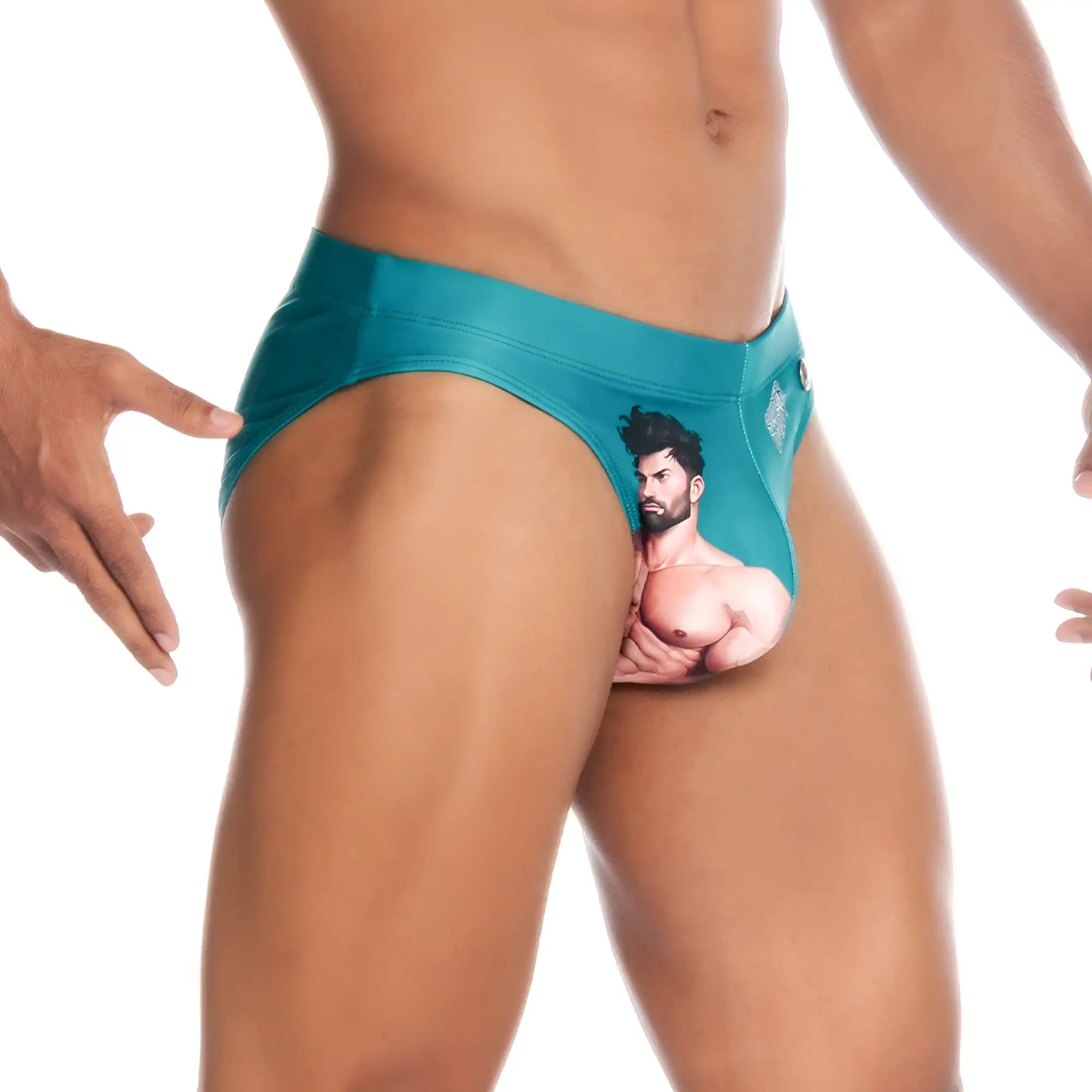 Teal men’s briefs with a printed muscular man graphic from gigo super daddy blue swim brief collection