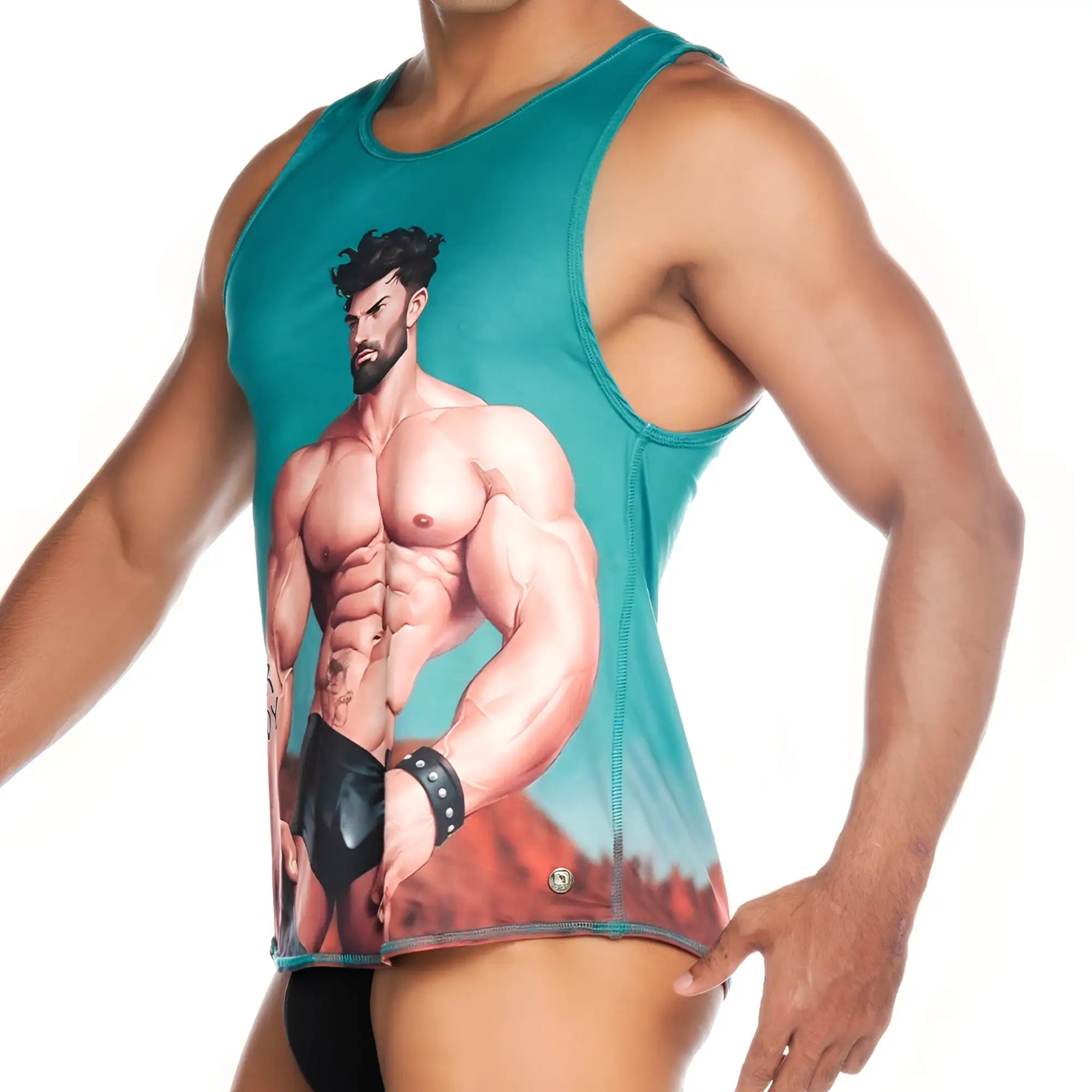 Teal muscle tank top with bearded muscular man illustration and studded wristband print in desert from Gigo Super Daddy Blue Tank