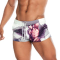 White and purple graphic swim trunks featuring a muscular male illustration from gigo super daddy brown beachwear