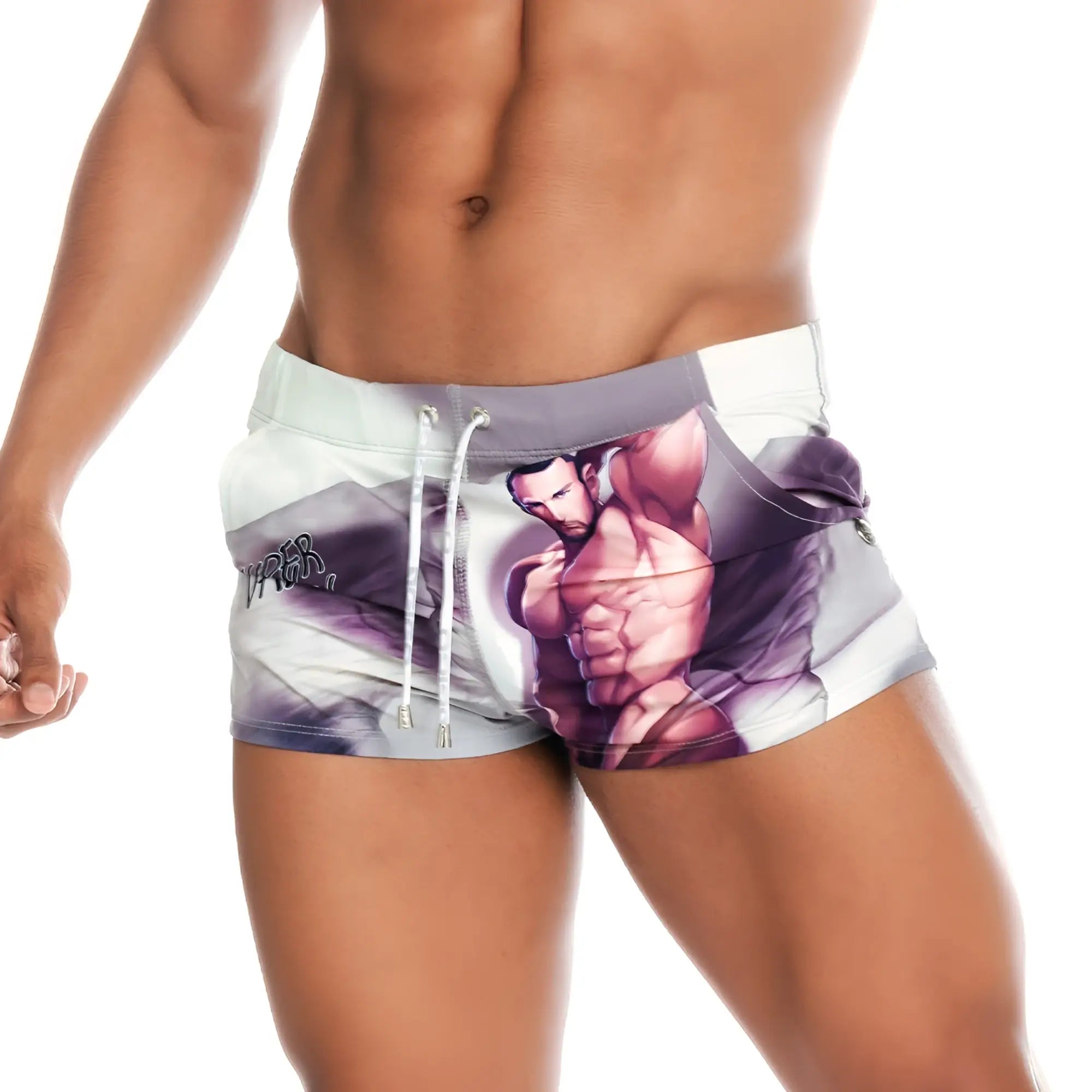 White and purple graphic swim trunks featuring a muscular male illustration from gigo super daddy brown beachwear