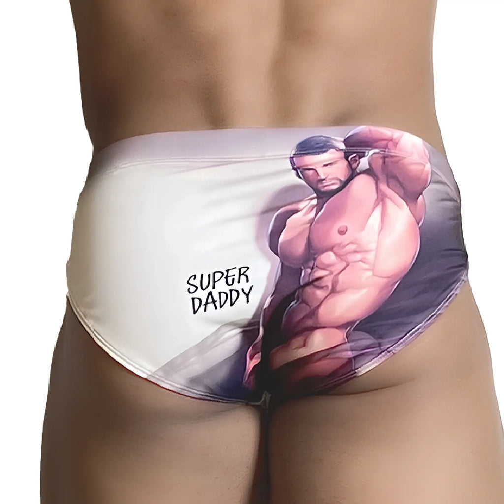 White swim trunks with a printed muscular man and super daddy text on the side from gigo super daddy brief