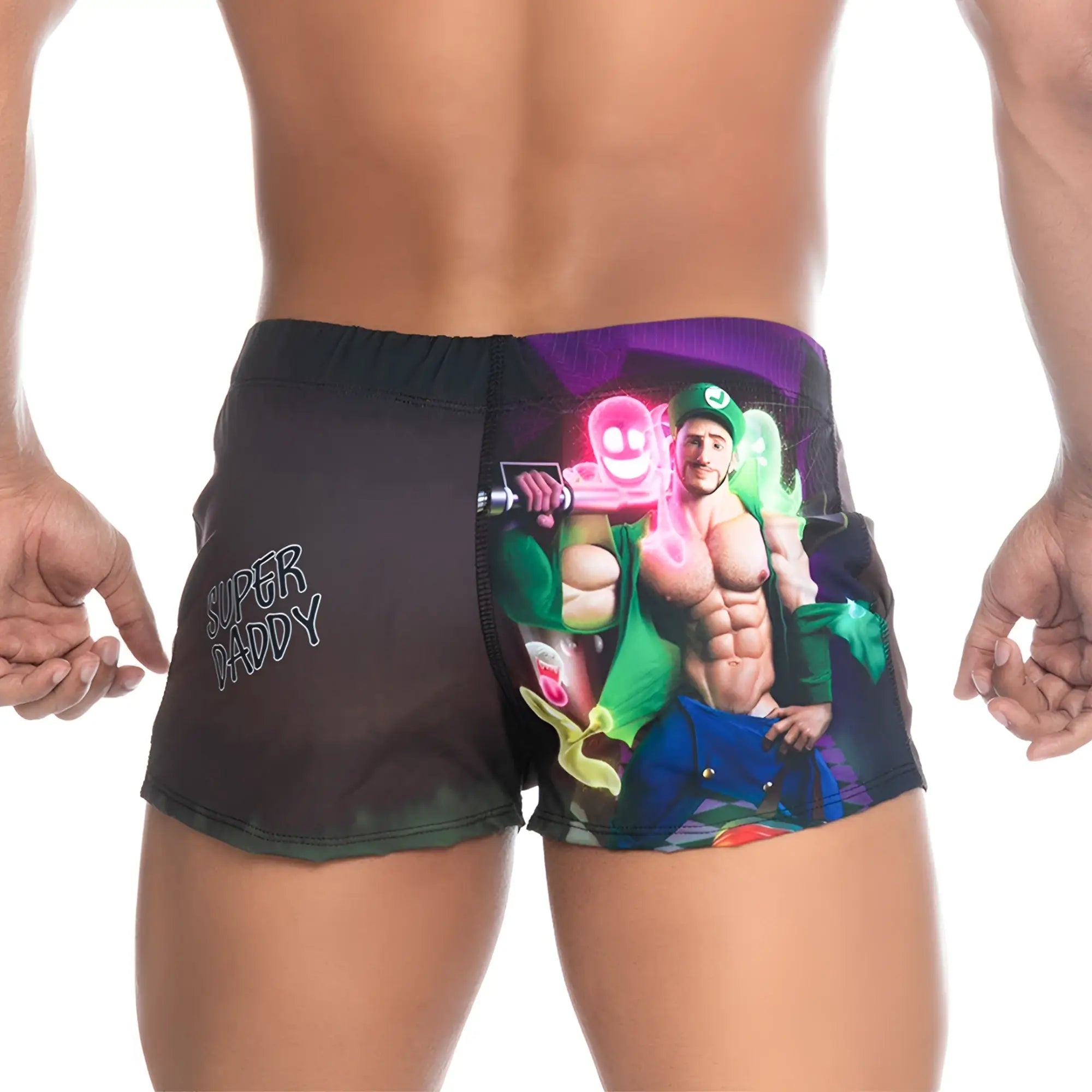 Black swim trunks from Gigo Super Daddy Purple Beachwear featuring a colorful graphic of a muscular man in green Luigi attire holding a pink weapon