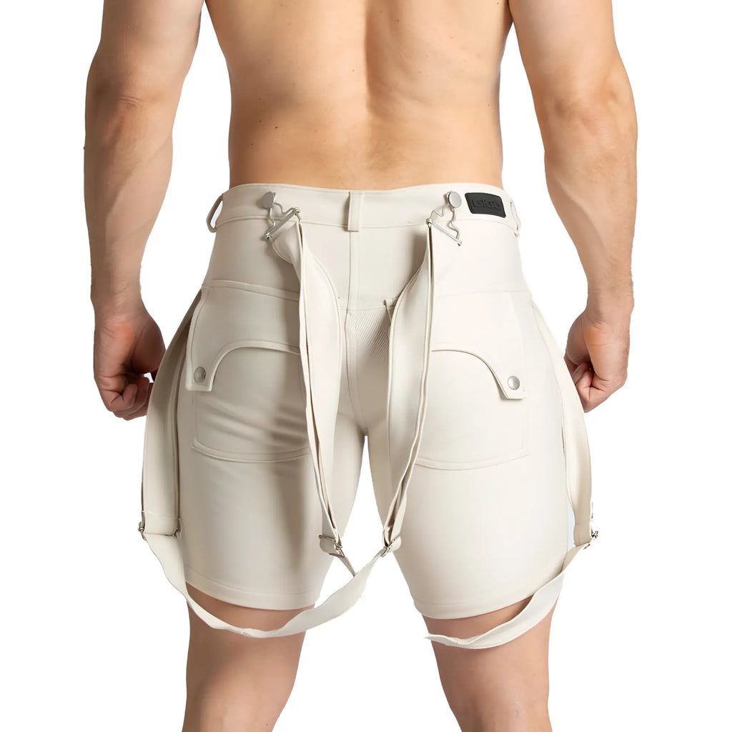 Beige gigo suspenders tactical shorts with adjustable side straps and flap pockets for outdoor use