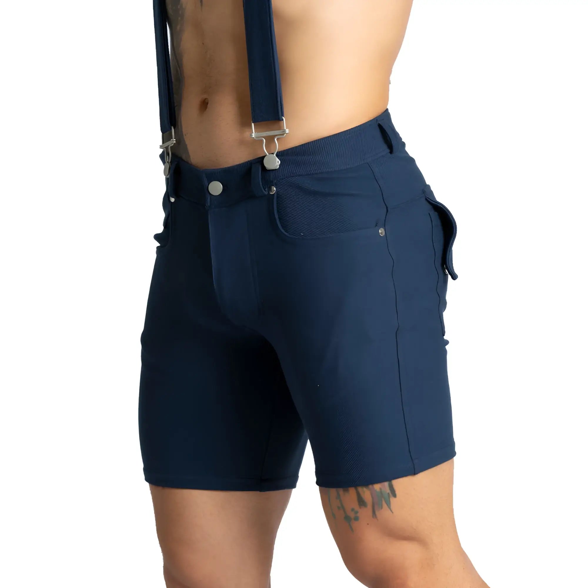 Navy blue textured shorts with matching gigo suspenders and silver-toned hardware for stylish wear