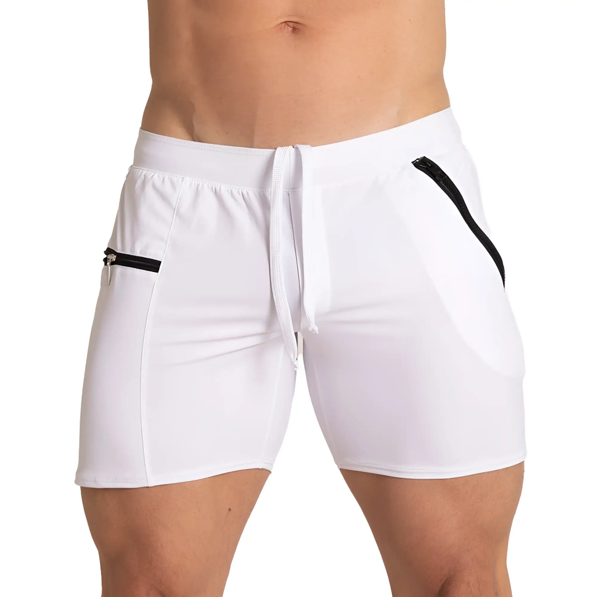 Gigo tennis white shorts with black zipper accents and drawstring waistband for athletic use