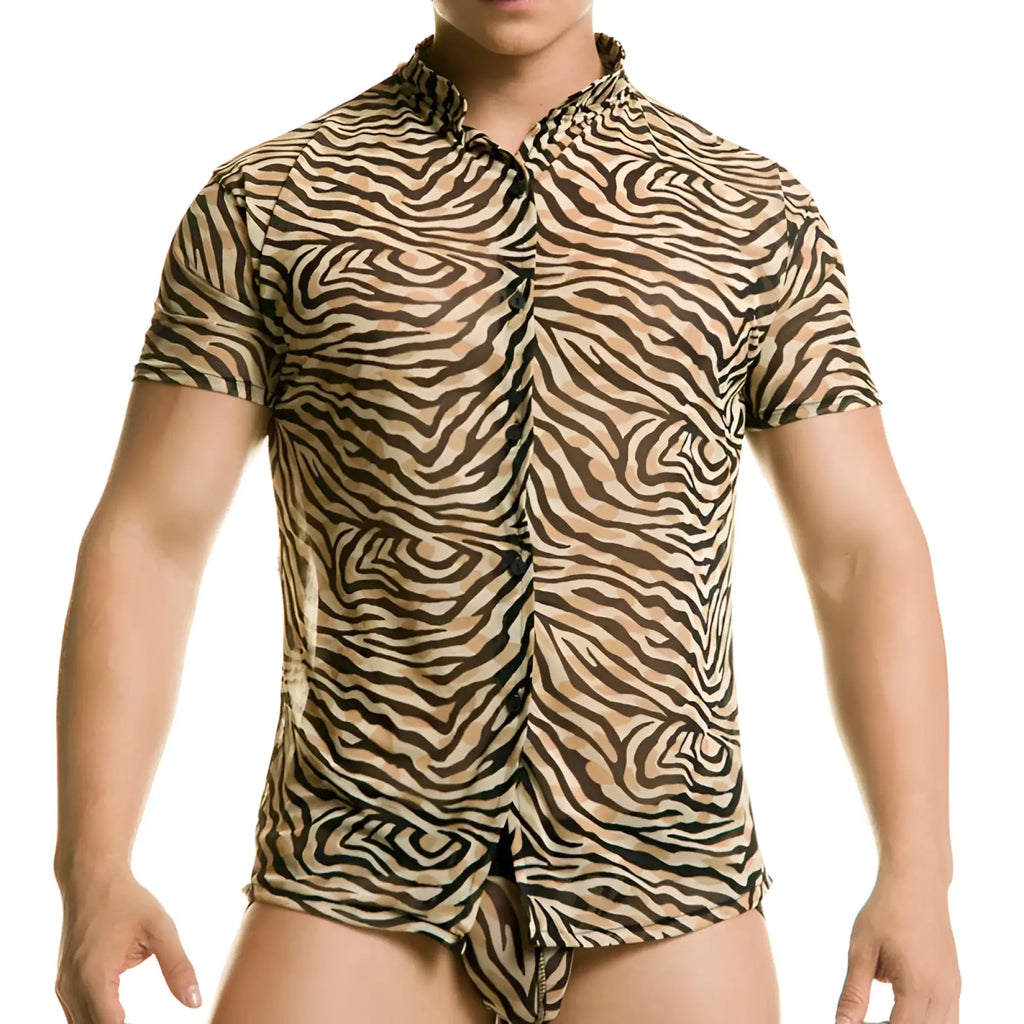 Gigo tiger short sleeved shirt bt35 size l with bold black and beige zebra stripe pattern and button up front