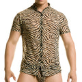 Gigo tiger short sleeved shirt bt35 size l with bold black and beige zebra stripe pattern and button up front