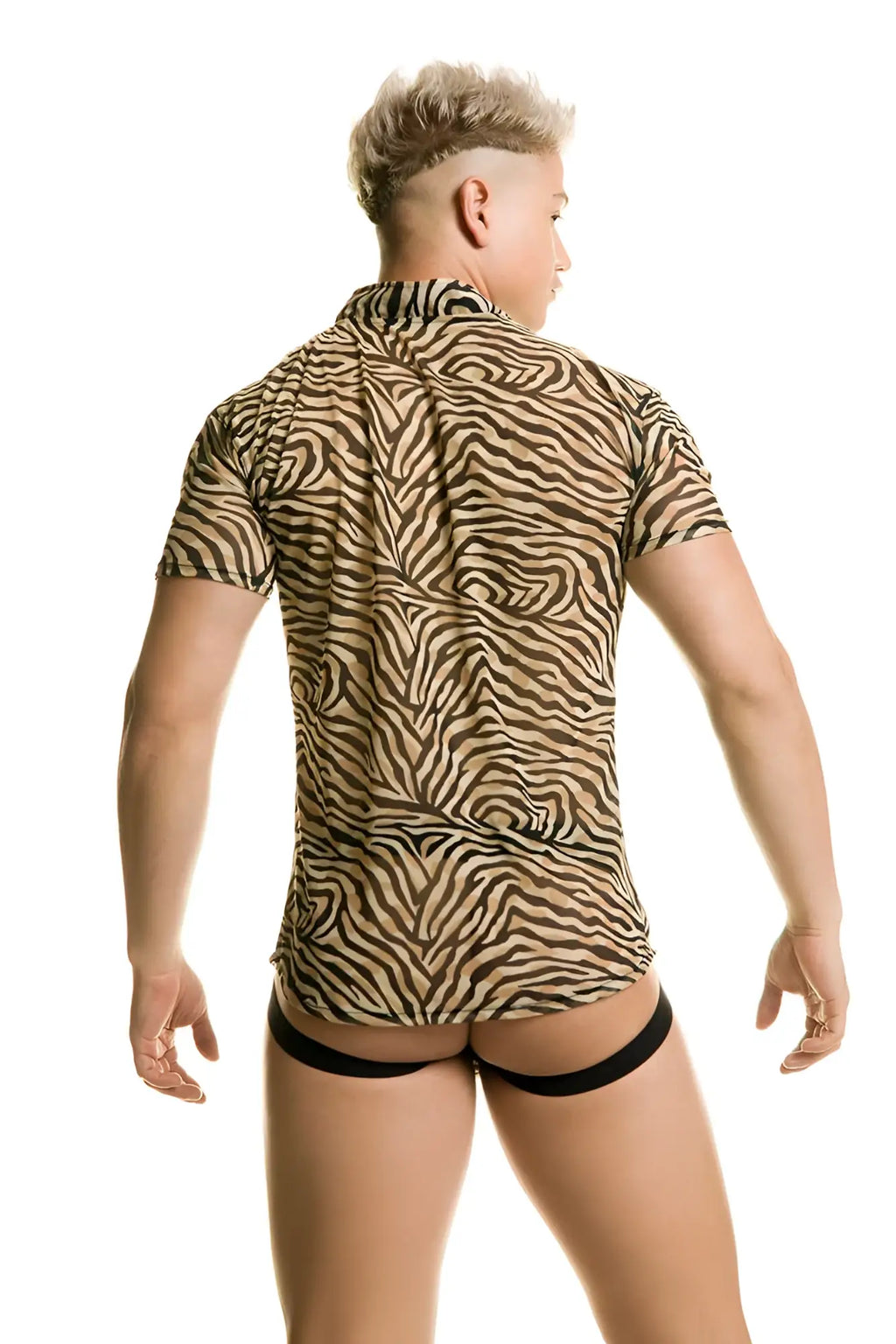 Gigo tiger short sleeved shirt bt35 size l featuring a fitted zebra stripe pattern in black and beige