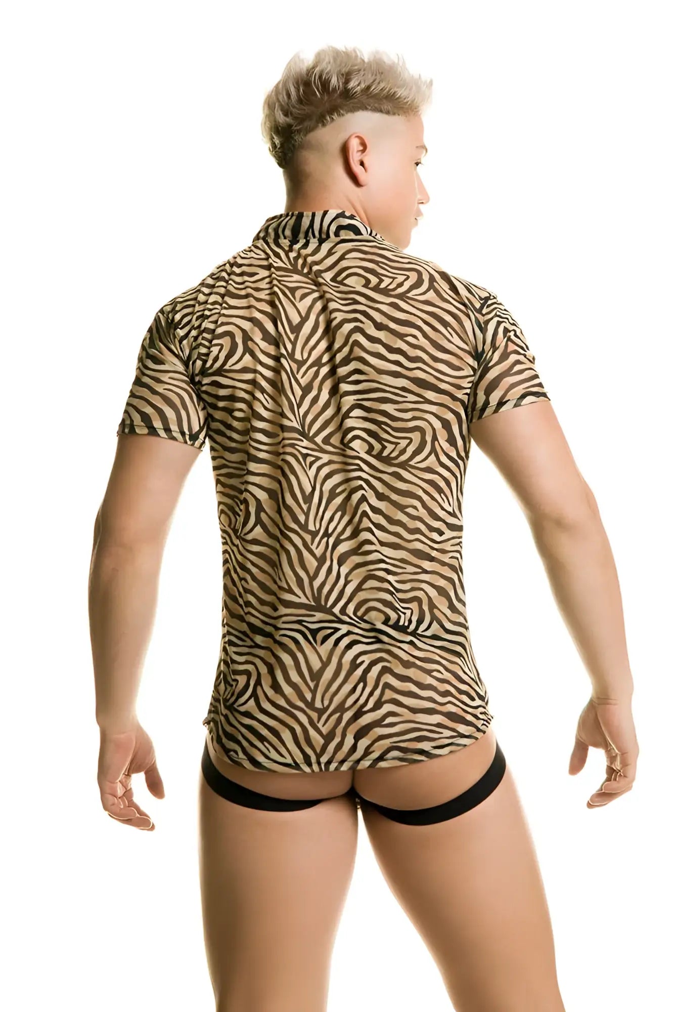 Gigo tiger short sleeved shirt bt35 size l featuring a fitted zebra stripe pattern in black and beige