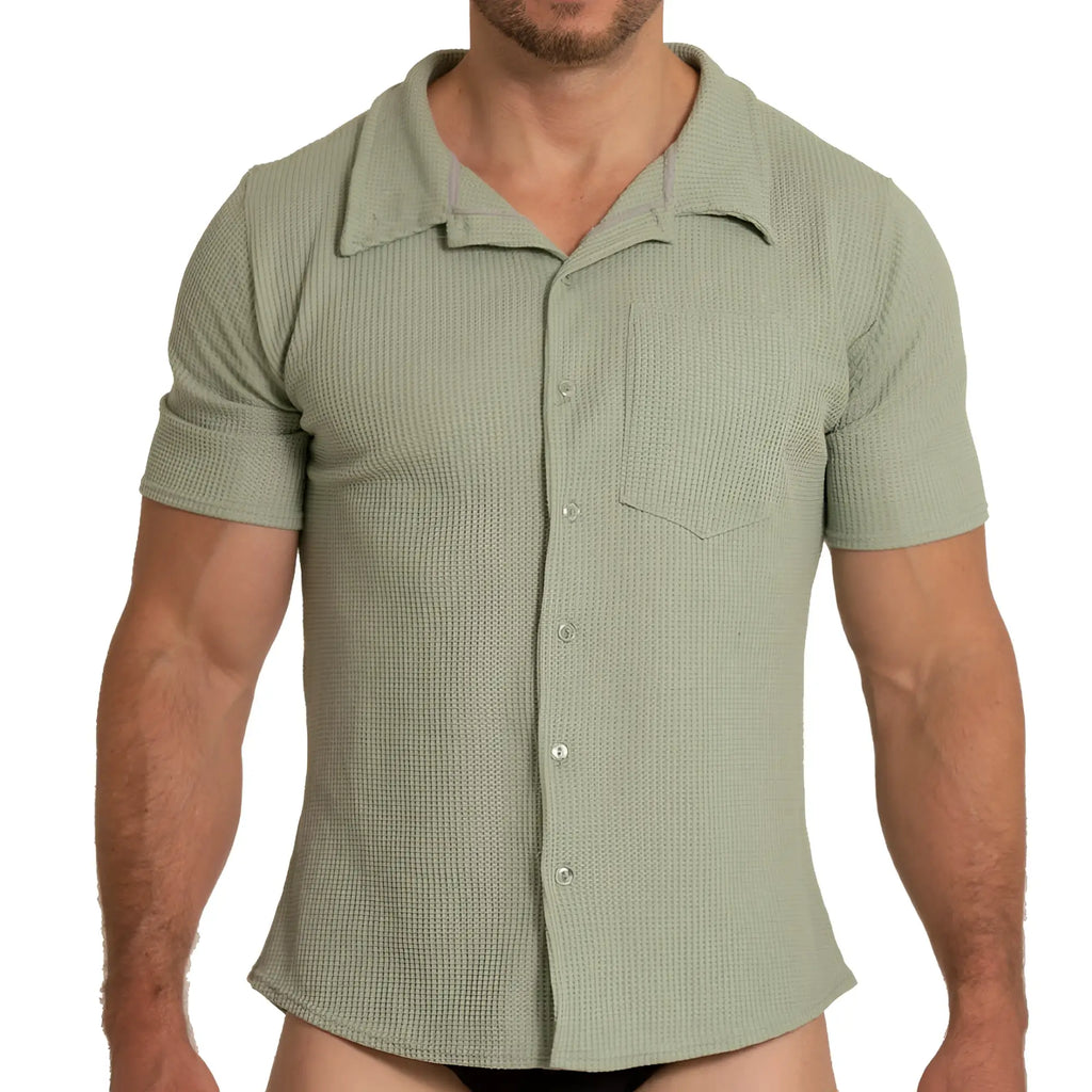 A men’s short-sleeved button-up gigo tissue green shirt in textured light sage green fabric with classic collar and chest pocket
