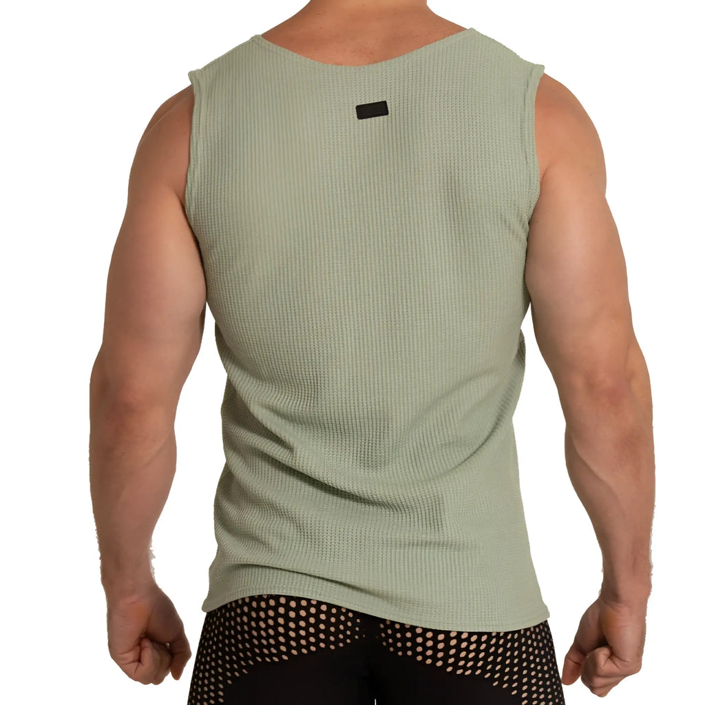 Men’s olive green ribbed sleeveless tank top with black neckline tag called Gigo Tissue Green Tank