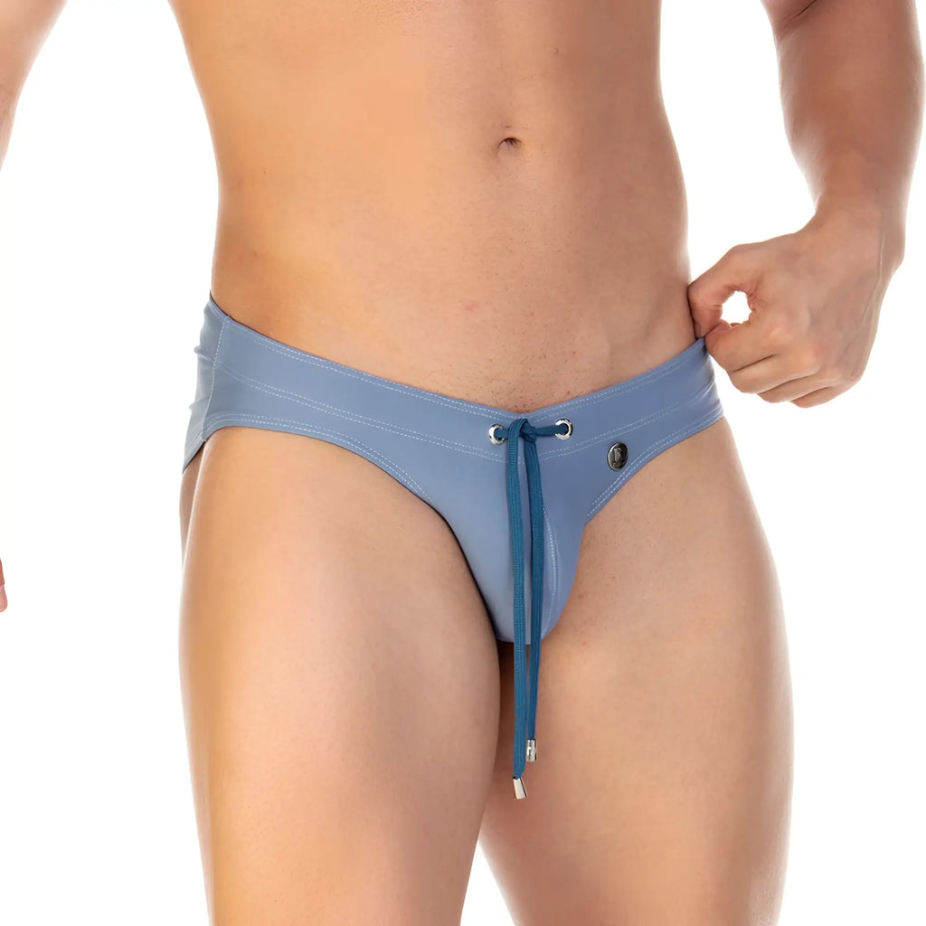Gigo traditional blue swim brief made of blue satin swim trunks with drawstring and zipper detail