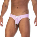Light pink gigo traditional swim brief with white drawstring and silver button detail for swimming use