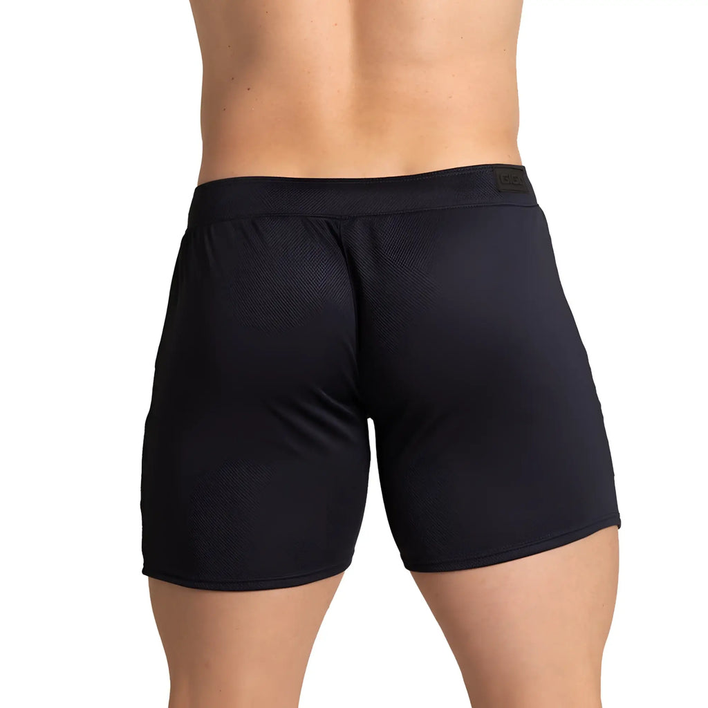 Black gigo training blue short athletic shorts with textured breathable fabric and elastic waistband with esm logo
