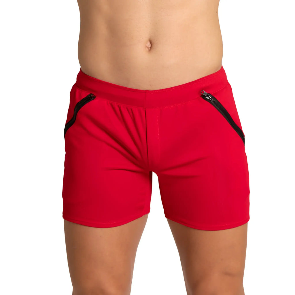Gigo training red athletic shorts with black side zipper accents designed for active wear and training sessions