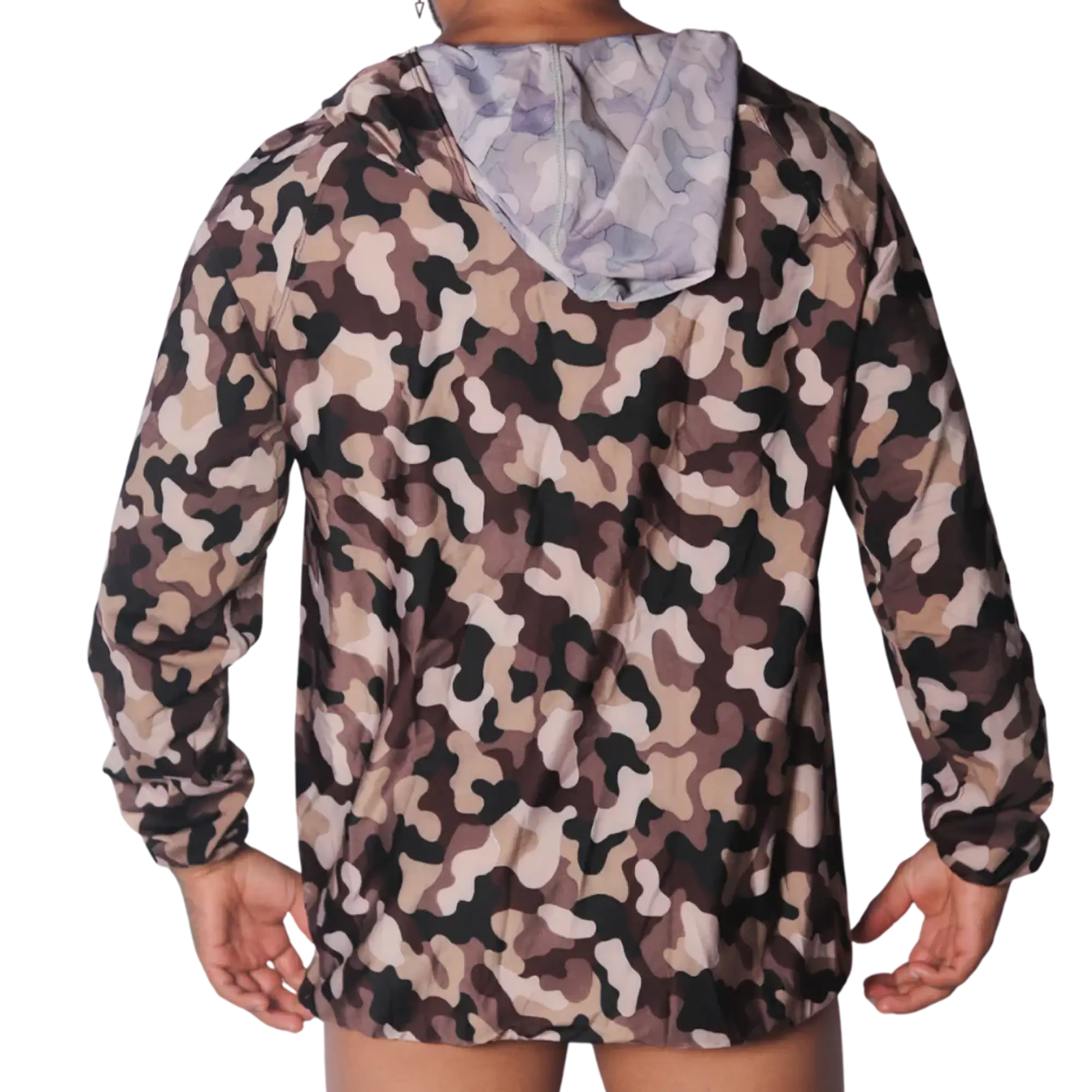 Gigo Trend hooded jacket in a tan, brown, and black camouflage print with a smooth, lightweight performance fabric.