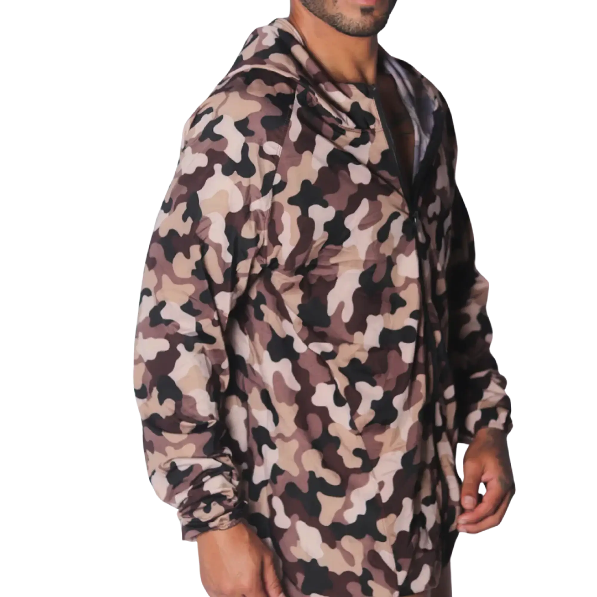 Gigo Trend Jacket in beige and brown camouflage print, featuring a lightweight windbreaker style with a hood and zip.