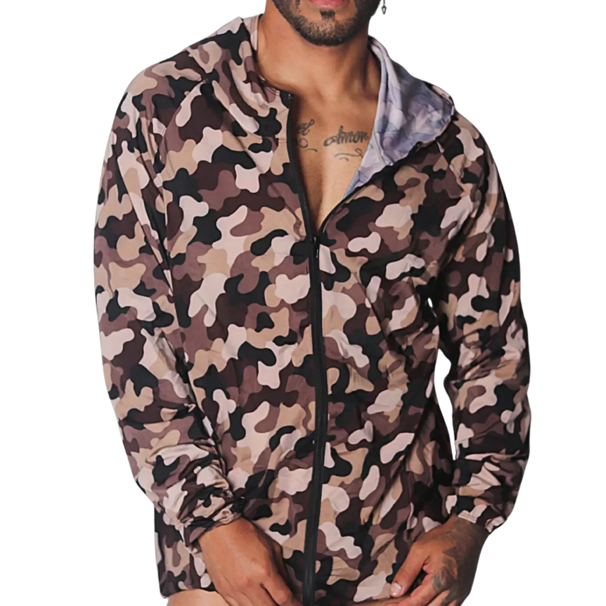 Lightweight camouflage zip-up hoodie jacket in brown and tan tones with a slim fit and elastic cuffs.