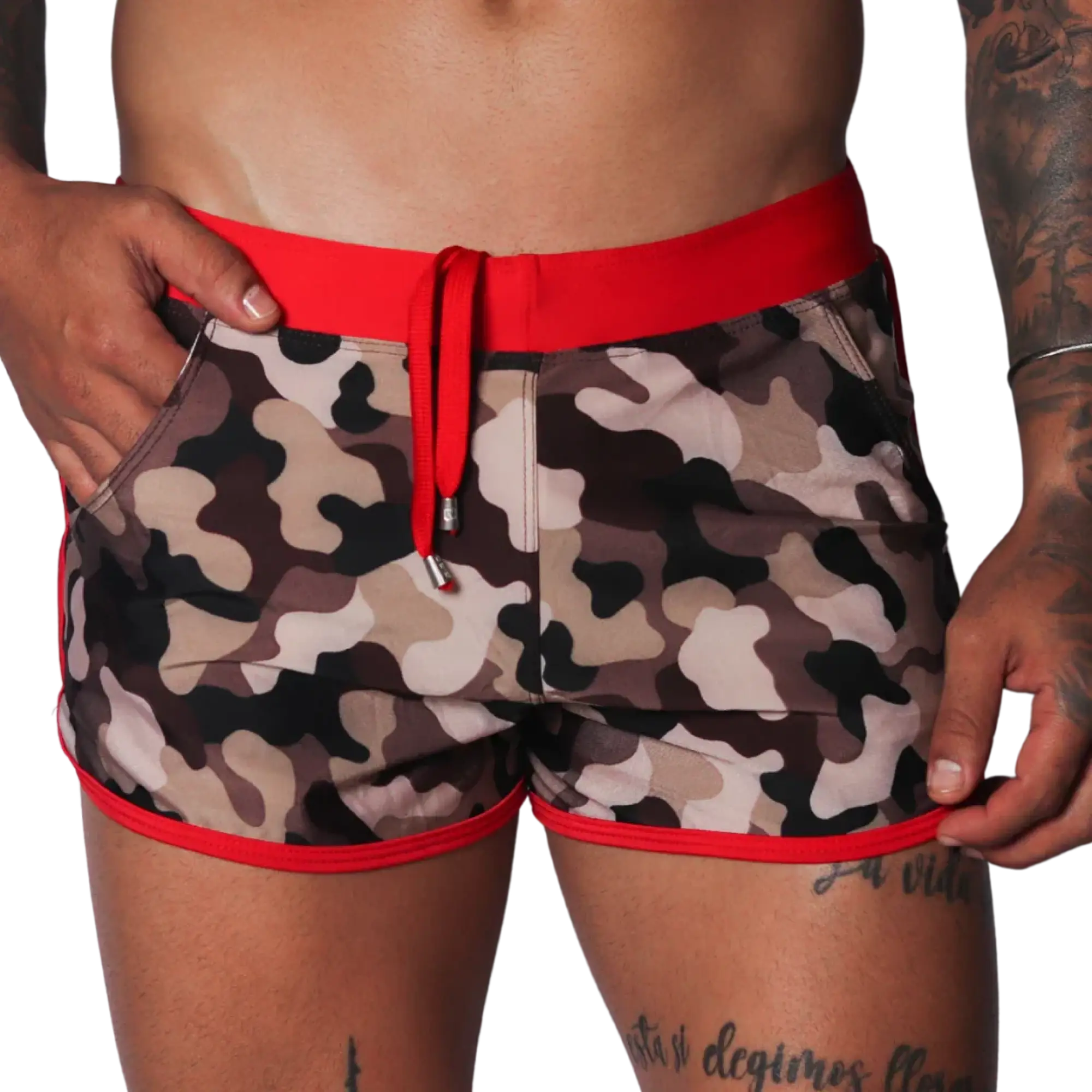 Men's camo beach shorts with red trim, drawstring waistband, and side pockets in a short athletic fit.