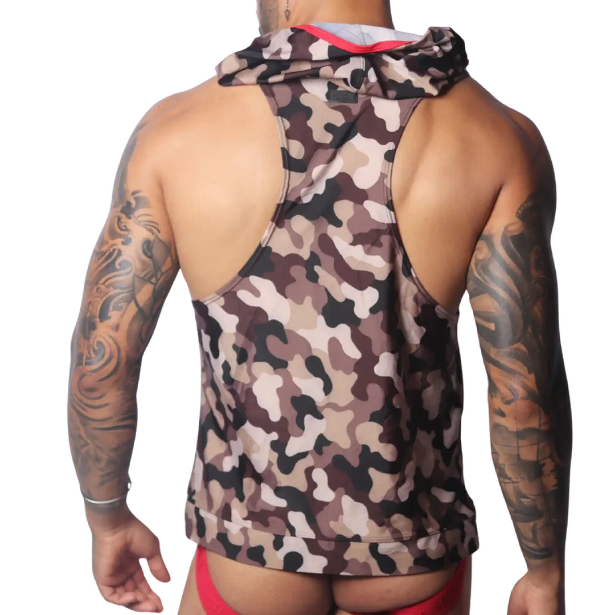 Brown camouflage sleeveless hooded tank top with a red inner collar trim and Y-back design.