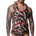 Brown camouflage sleeveless hooded T-shirt featuring a kangaroo pocket with vibrant red trim.