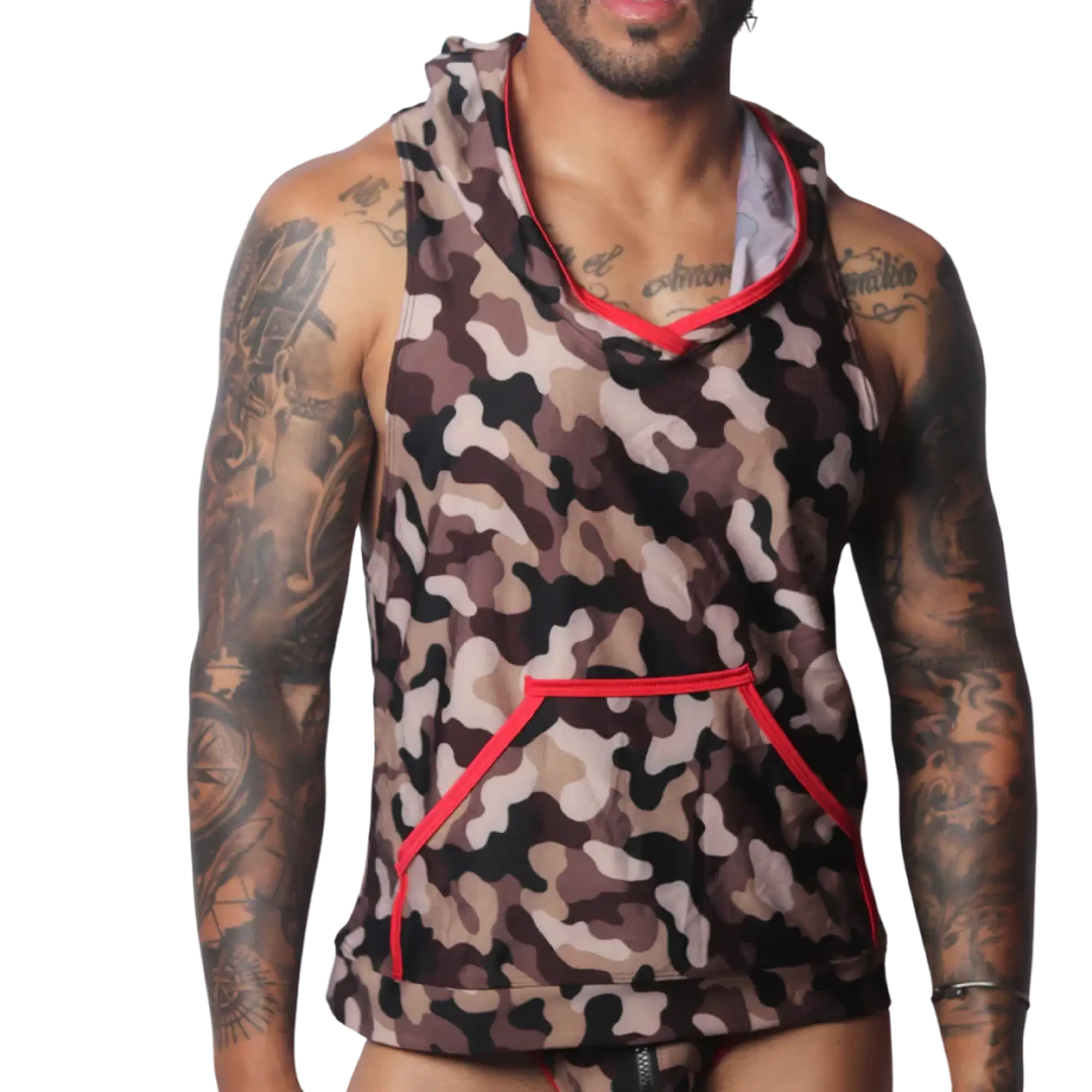 Brown camouflage sleeveless hooded T-shirt featuring a kangaroo pocket with vibrant red trim.