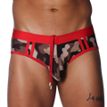 Camo print swim brief with red waistband, trim, and central drawstring featuring metallic aglets.