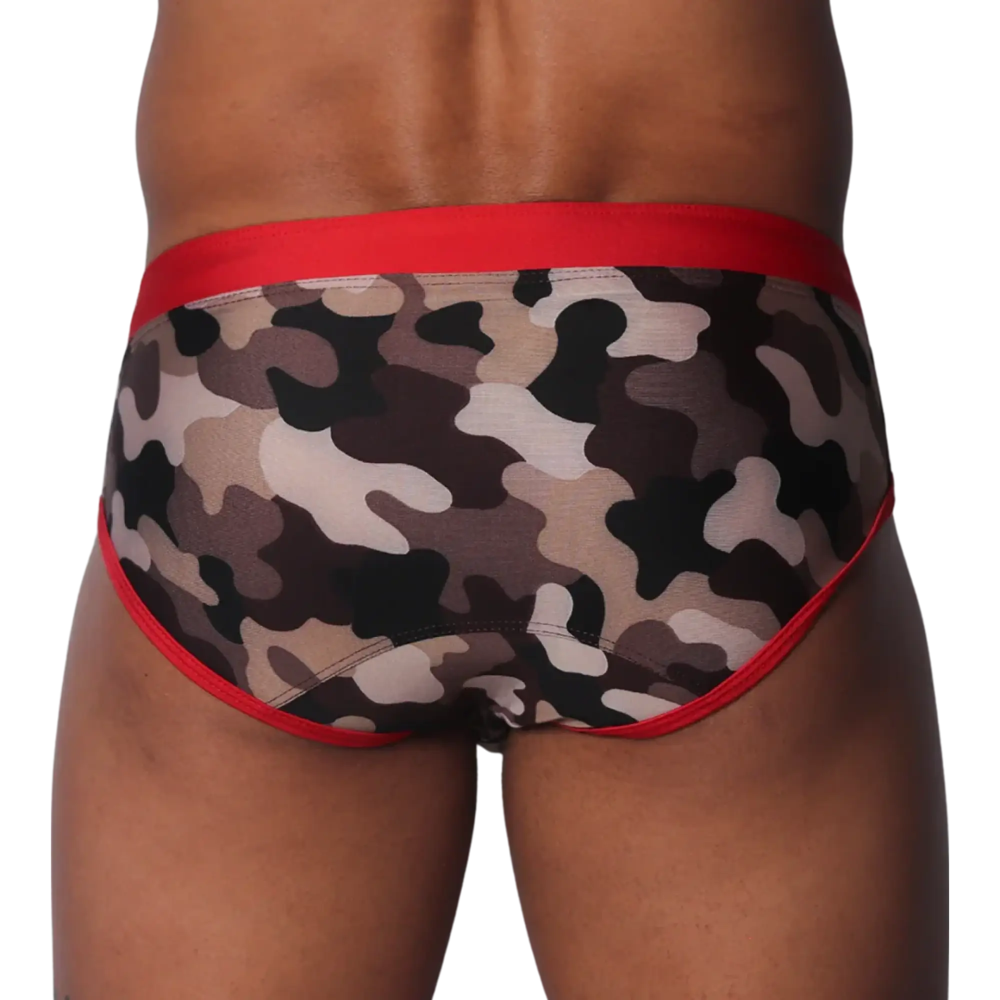 Gigo Trend swim brief in camo print with red trim at the waistband and leg openings.