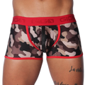 Camouflage print trunk with red trim, logo waistband, and a center-front zipper closure.