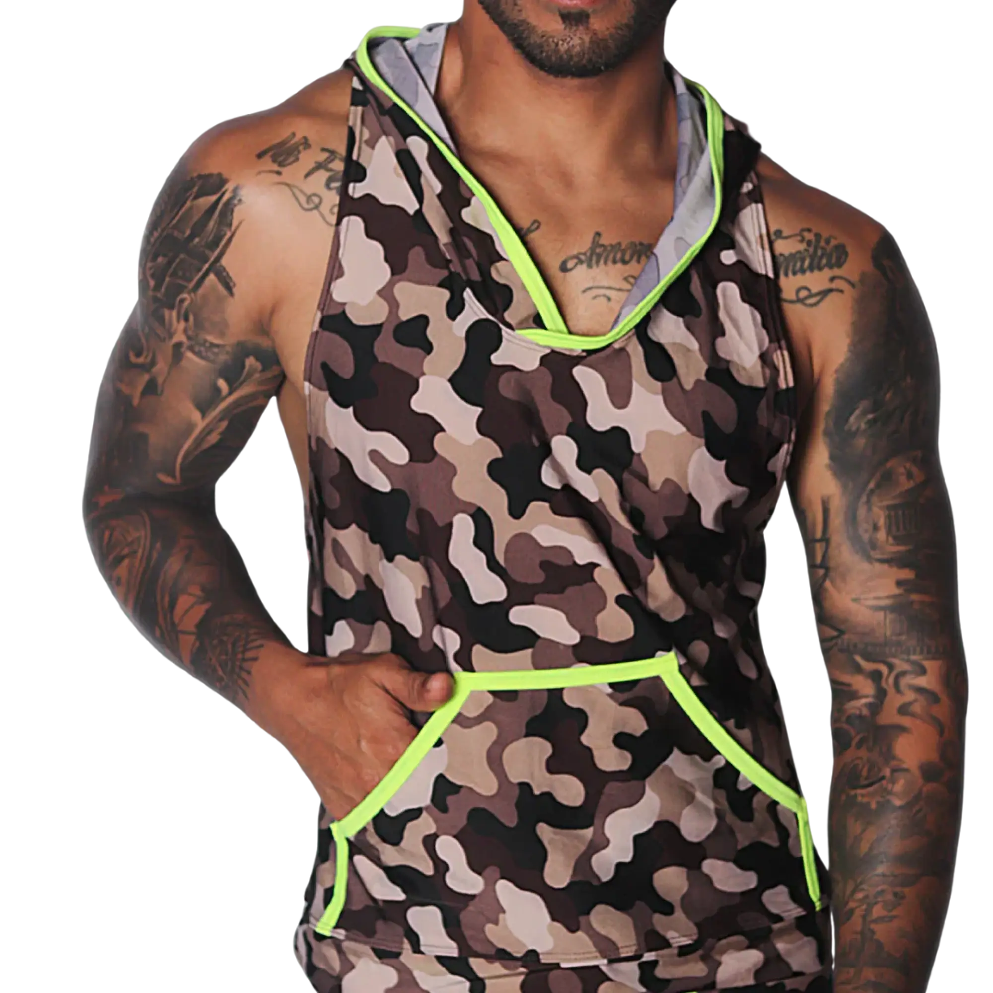 Sleeveless brown camouflage hoodie tank top with bright neon yellow trim and a front kangaroo pocket.