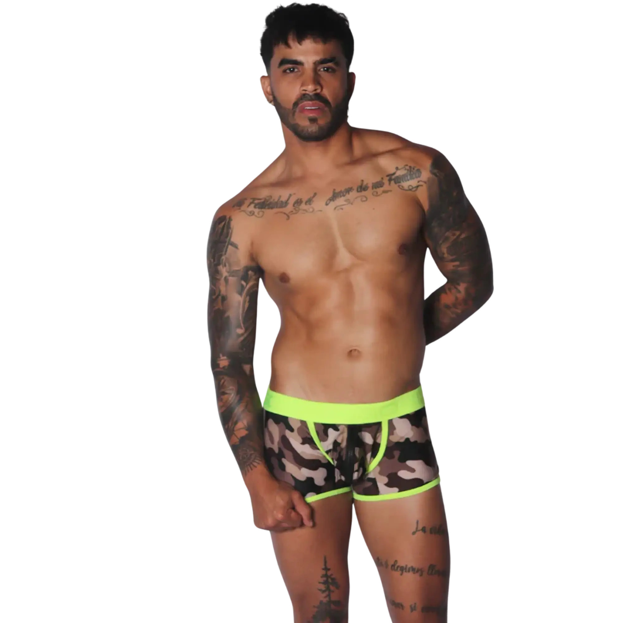 Camouflage print trunk with a neon yellow waistband and trim, featuring a front-center zipper detail.