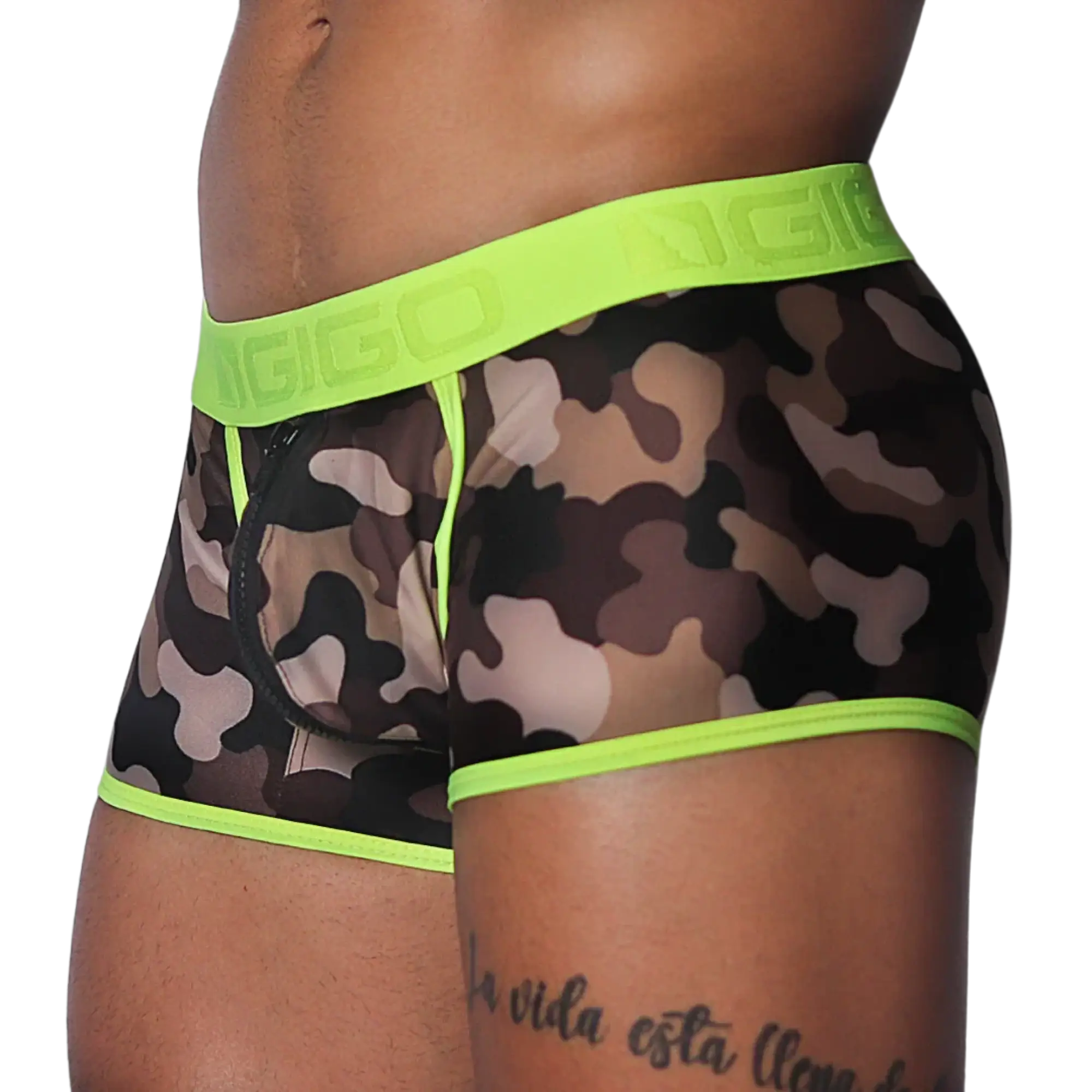 Camouflage print trunk with sheer mesh fabric, neon yellow trim, logo waistband, and front zipper detail.
