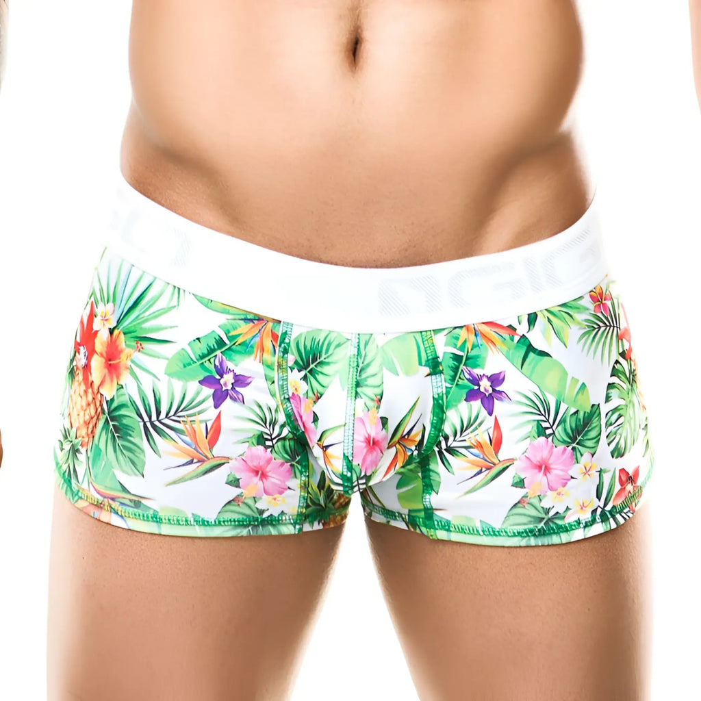 Gigo tropic boxer underwear size m featuring white briefs with vibrant green leaves pink orange flowers and purple orchids