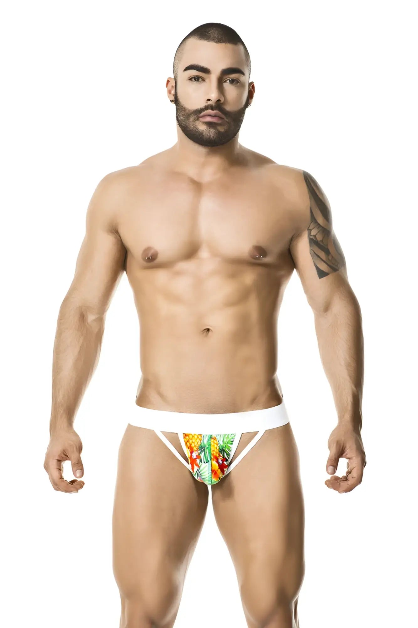 White tropical fruit-patterned Gigo tropic jock strap underwear size M with vibrant colorful design