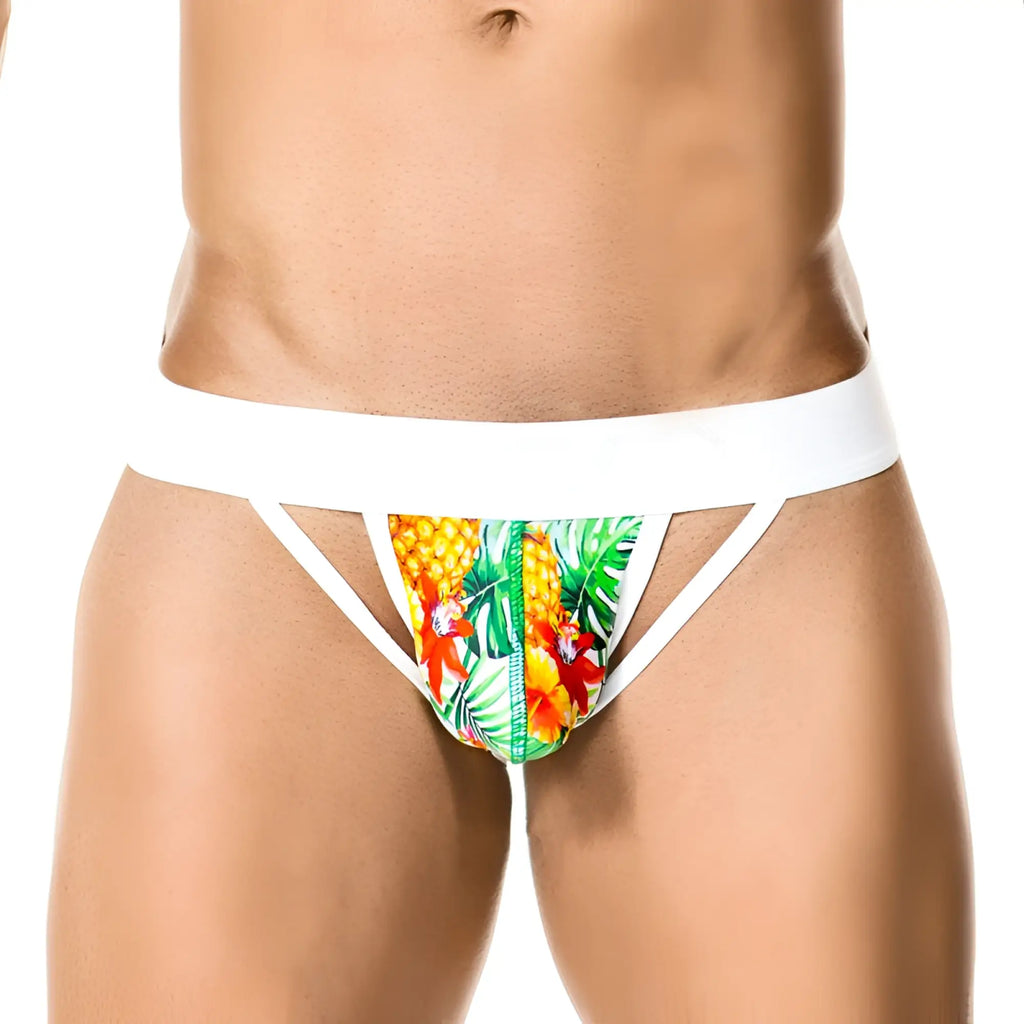 White gigo tropic jock strap briefs with vibrant pineapple green leaves and red flowers tropical print size m