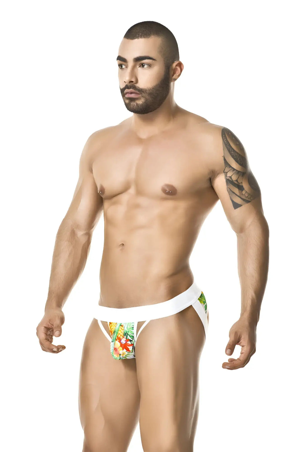 White briefs gigo tropic jock strap underwear size m with vibrant tropical fruit print and side cutouts